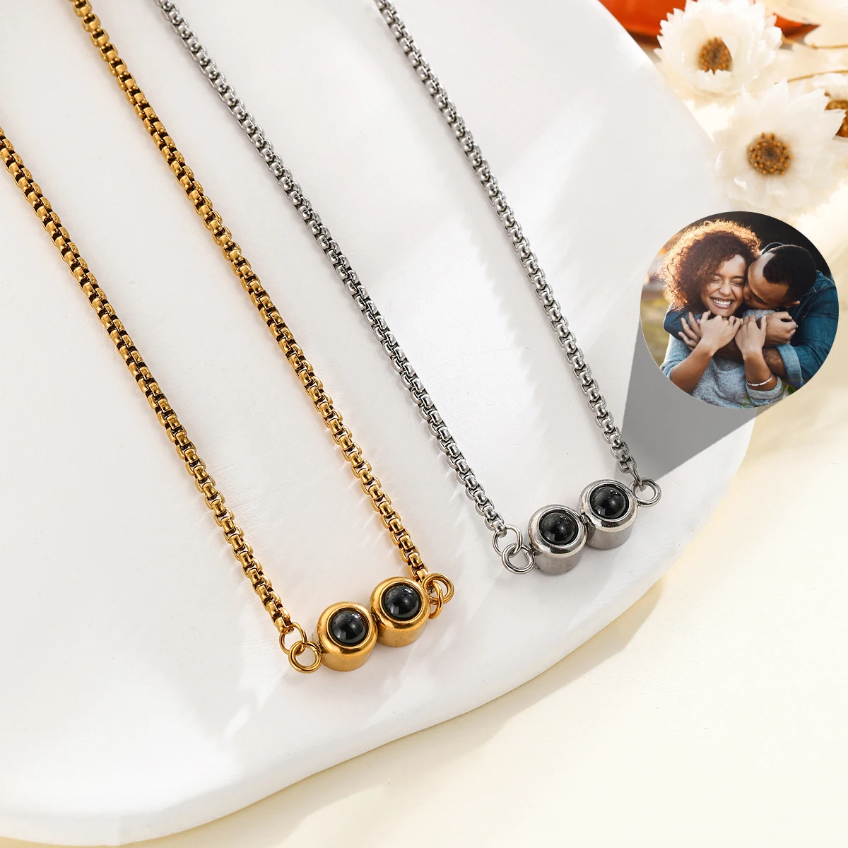 Custom Double Photo Projection Necklaces For Women Men Personalized Picture Pendant Necklace Anniversary Memorial Jewelry Gift personalized small photo album leather keychain lovers gift picture book button keyrings wedding anniversary wallet pendant