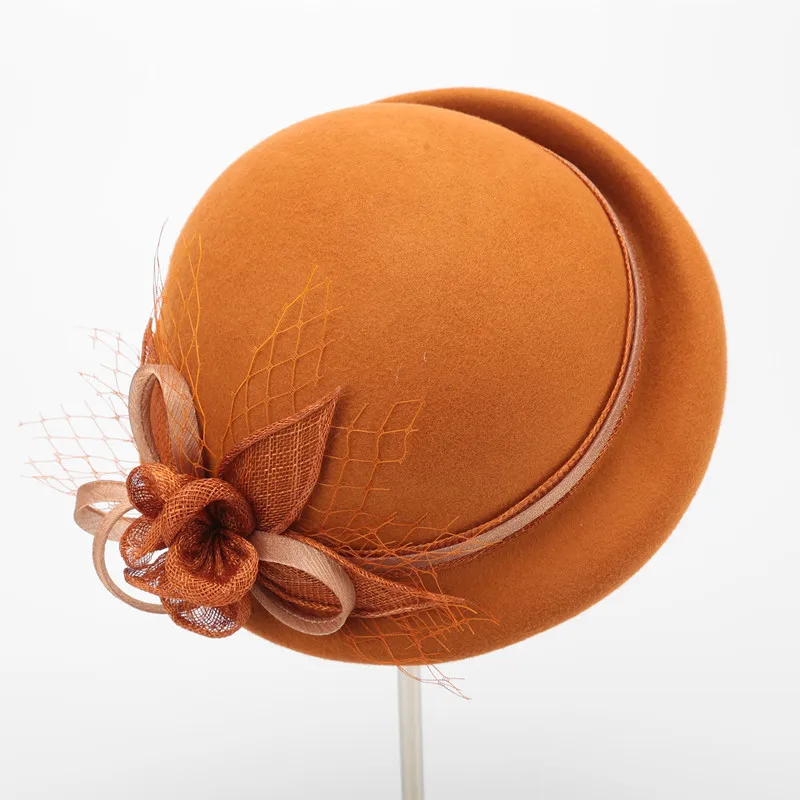 

NEW 100% Wool Felt Berets Women Autumn And Winter Party Gauze Flower Formal Hat Banquet Grace Woolen Hats