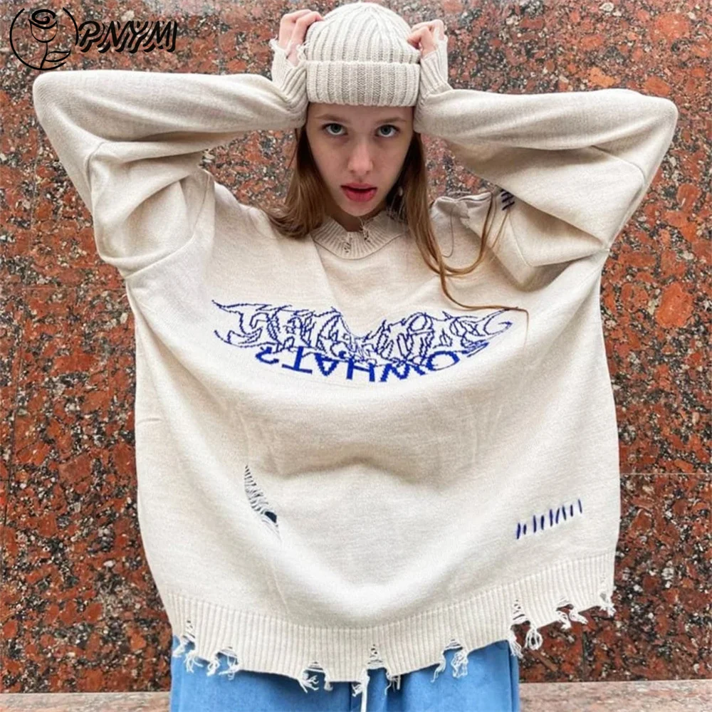 

PNYM Vintage Goth Contrast Color Women Sweater Warm Winter Pullover Long Sleeve Crew Neck Ripped Hollowed Sweater Women Tops