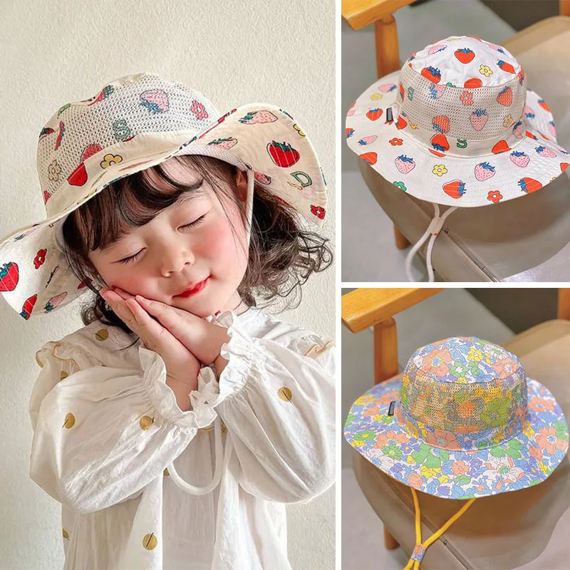 Baby Hat Kids Sun Hat Kids Bucket Hat Cute Strawberry Flower Print Baby Hat Summer Mesh Breathable Kids Girls Bucket Hat Outdoor Travel Children Panama Fisherman Cap