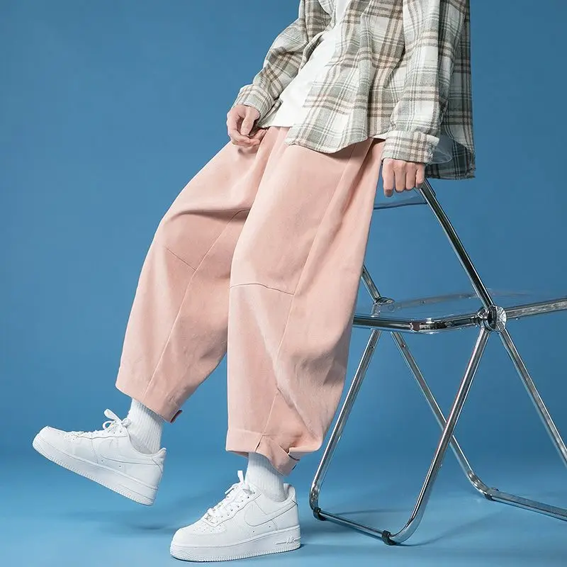 Spring Autumn New Solid Color Fashion Elastic Waist Wide Leg Trousers Man High Waist Pockets Patchwork Loose Ankle Length Pants