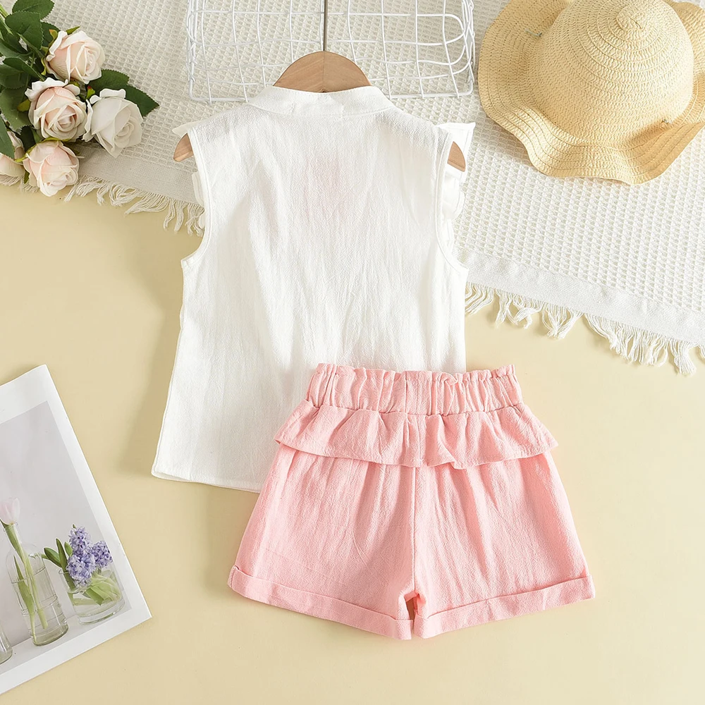 Kids Clothing Set Girls Clothing Set Menoea Girls' Set Summer Kids' Round Neck Flower Embroidered Sleeveless Top+Lace Up Shorts Two Piece Fashion Casual Vacation Set