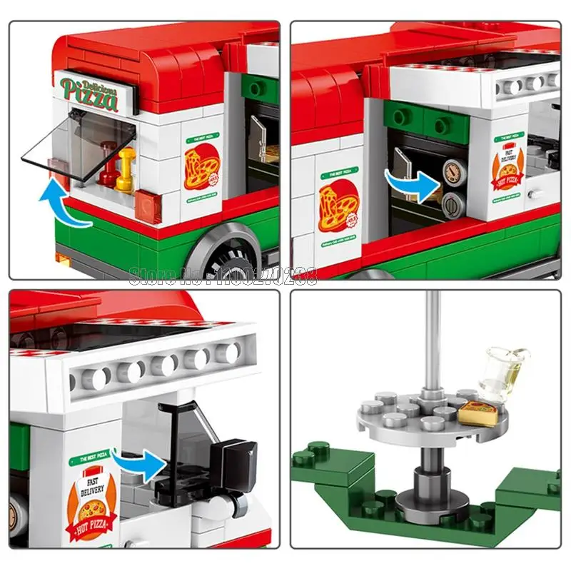 601305   240pcs 도시 피자 밴 상점 거리 테이크 아웃 테이크 아웃 자동차 빠른 배달 2 인형 빌딩 블록 장난감 어린이
