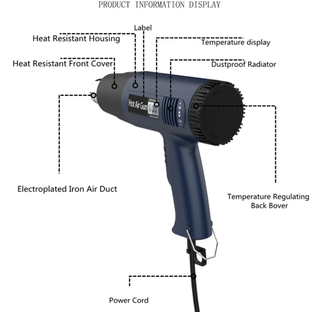 2000W Fast Heating Heavy Duty Heat Gun Kit Variable Temperature Control Overload Protection for Crafts Shrink PVC Peel Paint hot air gun heat gun mini hot air gun