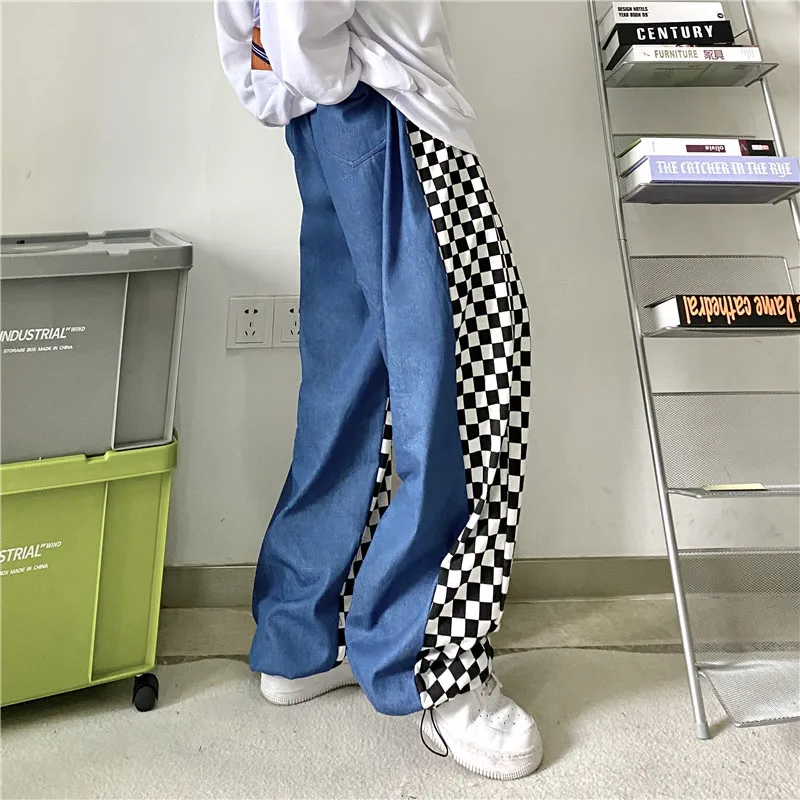 

Джинсы в стиле Харадзюку, повседневные модные штаны с шахматными вставками, прямые широкие брюки из денима, индивидуальная уличная одежда