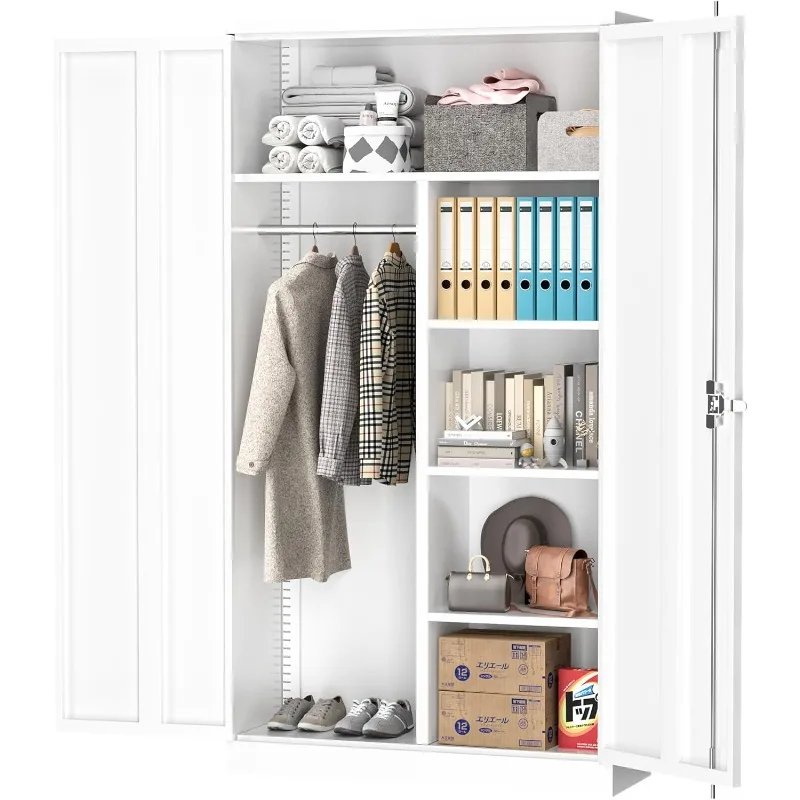 

Metal Wardrobe Closet - 72" Bedroom Armoires with Lock Storage Locker with Adjustable Shelves and Removable Hanging Rods (White)