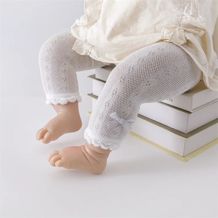Sommer Neugeborenen Baby Strumpfhosen Für Mädchen Baumwolle Infant Mesh Dünne Mädchen Legging Weiche Neun Strumpfhosen Feste Beiläufige Prinzessin Bogen Engen – Detail 4
