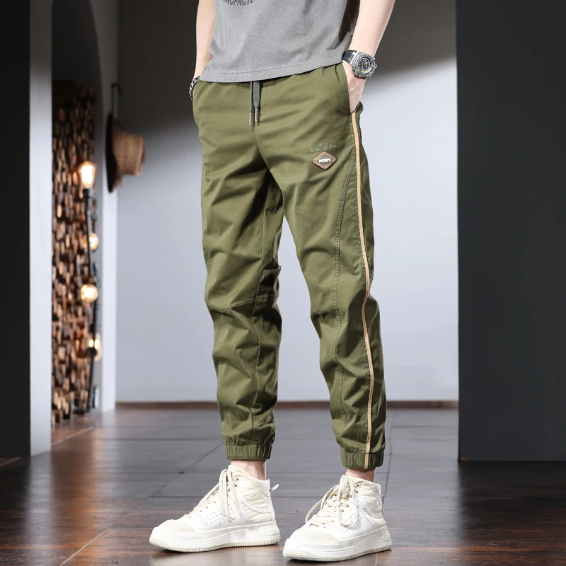 Fashion Side Stripe Casual Pants Men Summer Black Cotton Elastic Waist Drawstring Joggers Trousers
