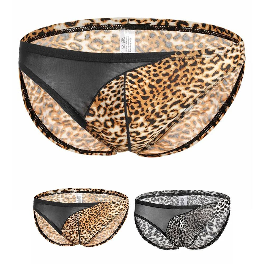 

New Bikini Bottom Men Underwear Leopard Print Briefs Underwear Mesh Breathable Fashion Male Underclothes Swimwear Panties