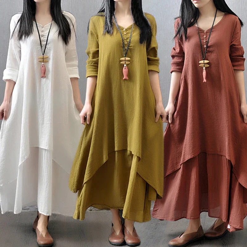 

2024 Spring Autumn Elegant Chic Cotton Linen Dresses for Women Bohemia Layered Vintage Robe Long Sleeve Loose Dress