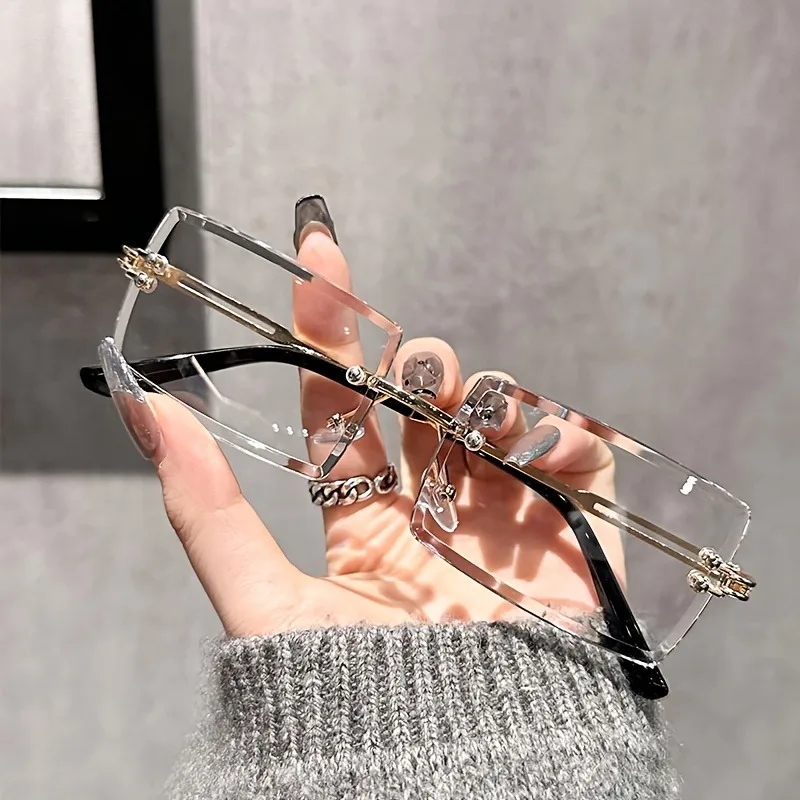 여성을위한 세련된 직사각형 무테 투명 렌즈 안경 미니멀리스트 패션 안경 금속 프레임 사각형 모양