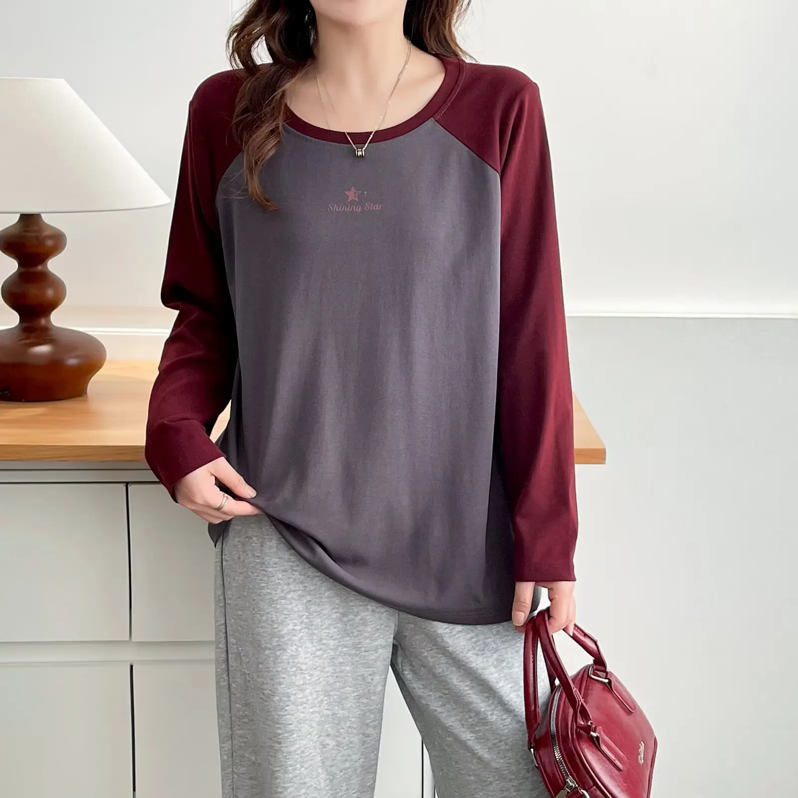 Fashion Plus Size Women's T-Shirt Autumn New Style Basic Casual Color Blocking Printed Long Sleeve Tops 2555