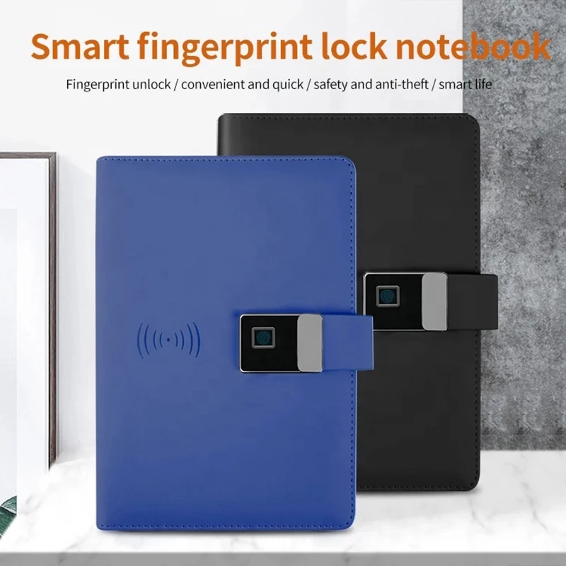 

Leather Fingerprint Lock Notebook Smart Wireless Charger Diary With Power Bank Business School Loose-leaf Notebook Creative Gift