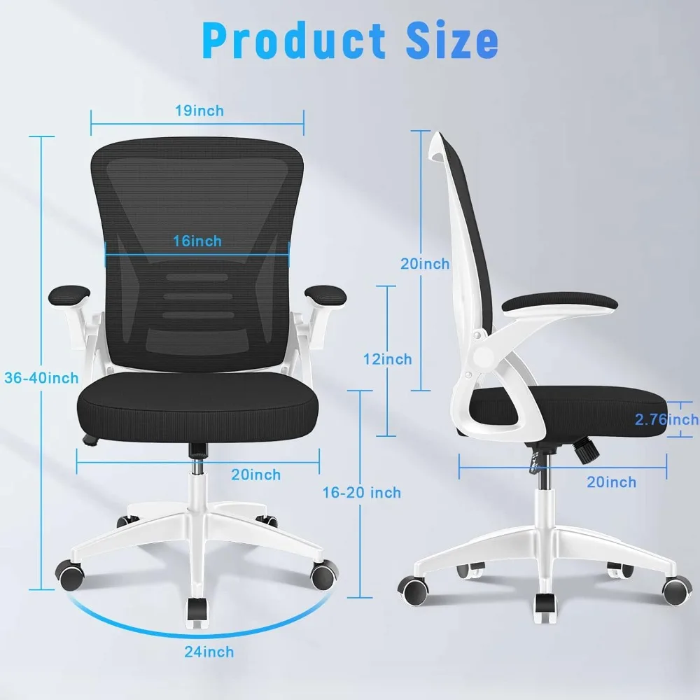 "ergonomic mid-back office chair with adjustable height, flip-up armrests, lumbar support, and breathable white design"