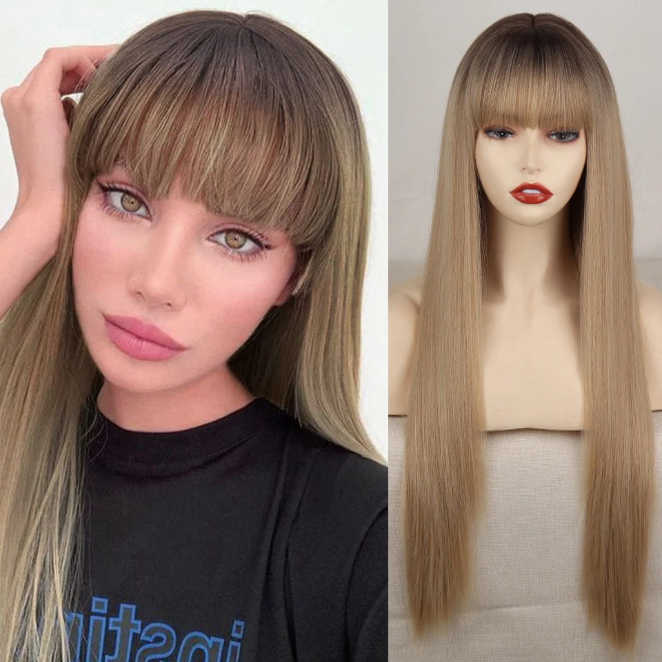 

Lolita synthetic wigs blonde wigs black root wigs long straight hair with bangs natural wigs women's hair cosplay everyday wigs