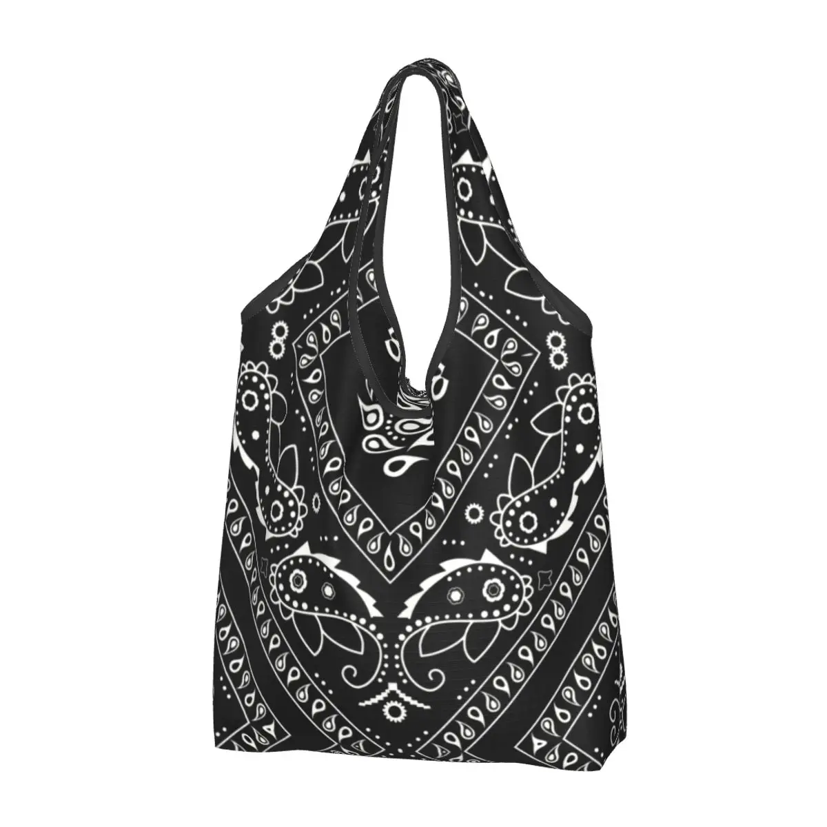 

Black Bandana Pattern Grocery Shopping Tote Bags Women Fashion Paisley Style Shopper Shoulder Bags Big Capacity Handbag