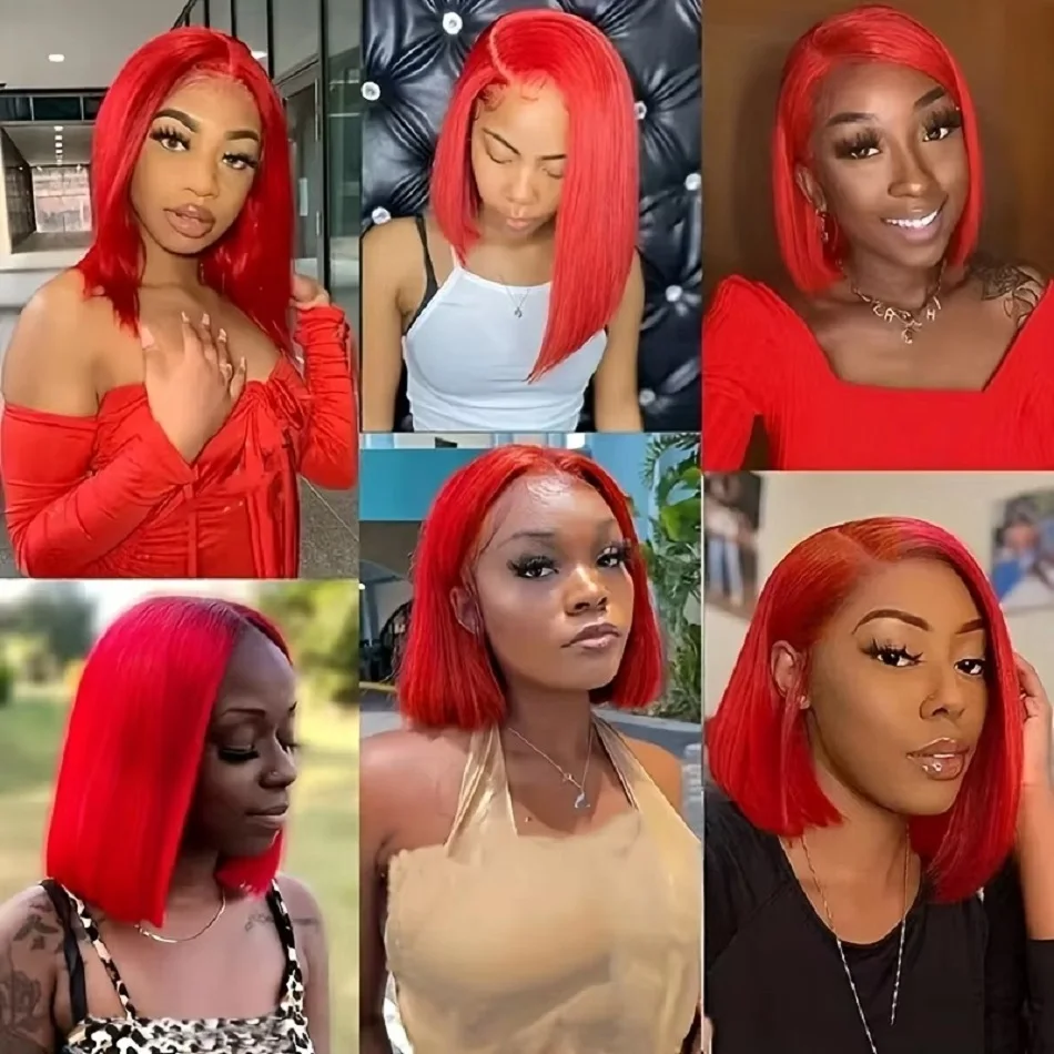 Double Drawn Red Straight Short Bob Wigs Human Hair For Women 13x4 Lace Front Wig Pre Plucked Red Bob Wigs 10 12 14 Inches