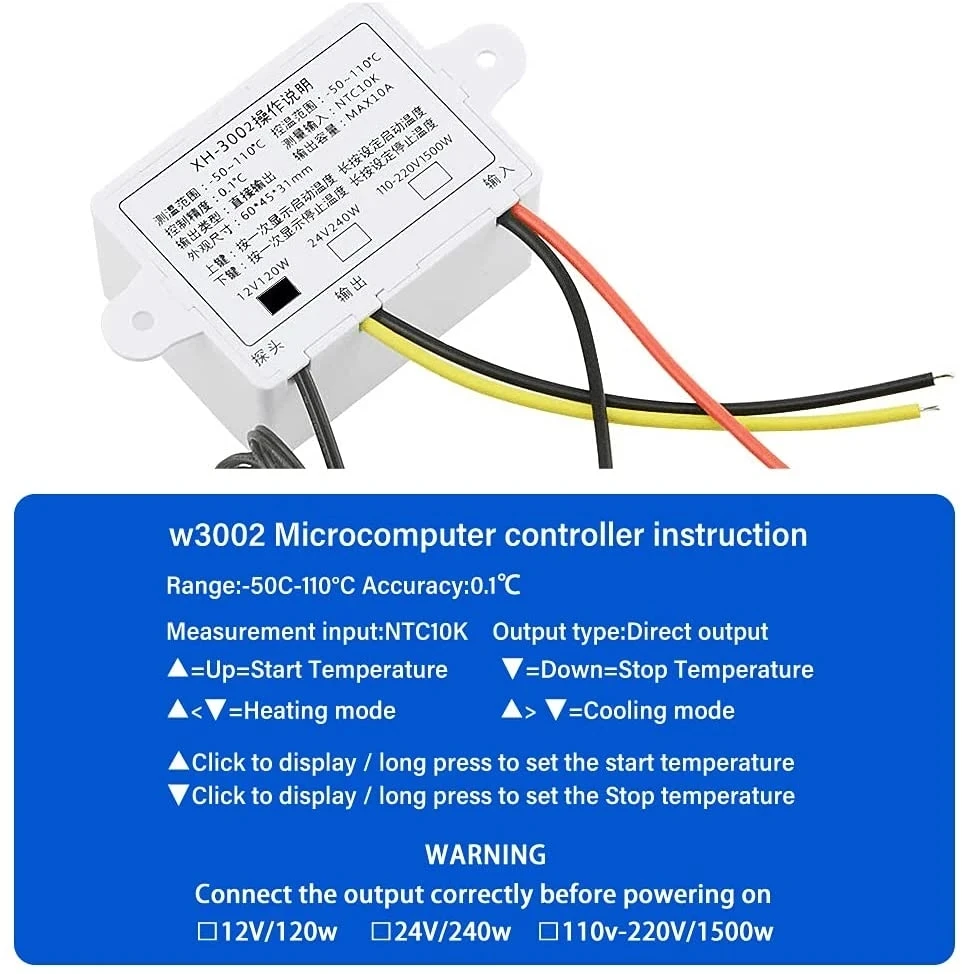 W3002 Digital LED Temperature Controller 12V 24V 110V-220V 10A Thermostat Regulator XH-3002 5