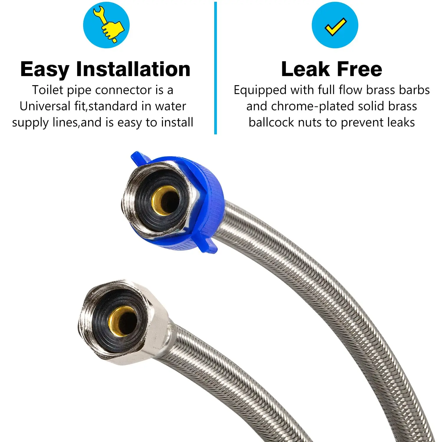 Toilet Connector 12-Inch Stainless Steel Braided Hose 1/2" Inch Ballcock Nuts 1/2" Inch Compression