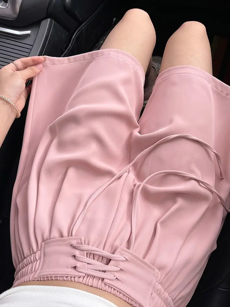 5XL Shorts Pleated Tie Up High Waist Cozy Women Straight Wide Leg Baggy Casual Office Ladies Pant Solid Color Design Chic 2023