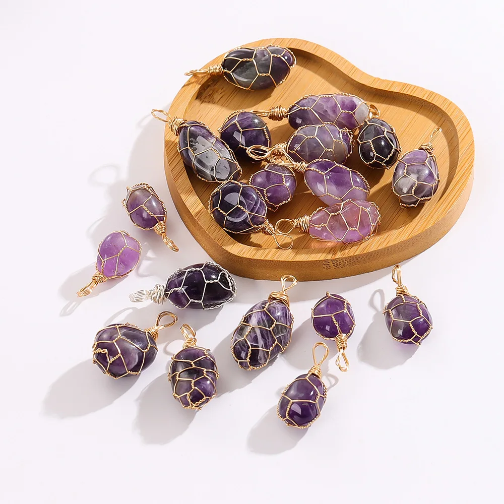 

15pcs Natural Stone Amethyst Hand winding Pendant Irregular Crystal Rough Stone Charms Diy Necklace Earrings Accessory