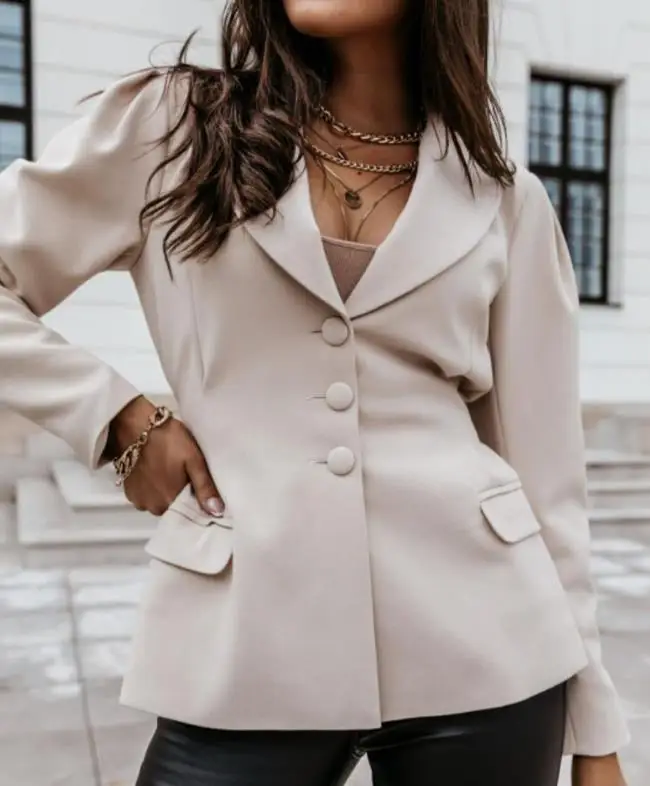 Women's Blazer Fall Winter 2023 Solid Color Lapel Puff Sleeves Shawl Collar Single Breasted Blazer Work Business Jacket Blazer