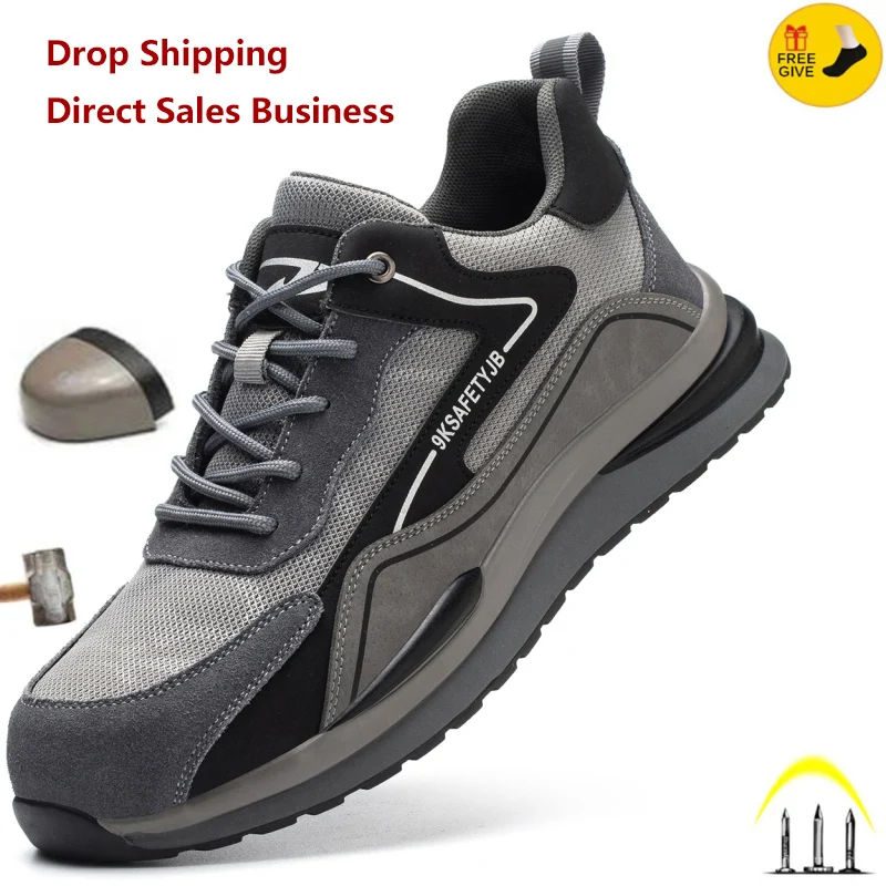 Summer Breathable Men Safety Shoes Steel Toe Anti-smash Construction Welding Shoes Reflective Strip Male Footwear Women Sneakers
