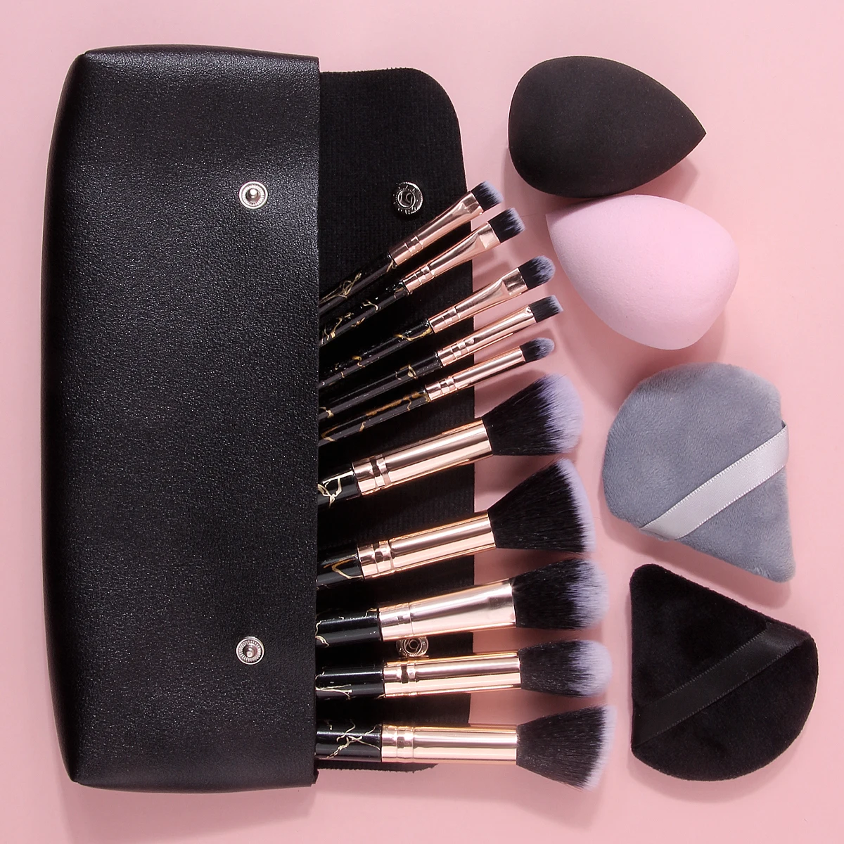 15PC 대리석 메이크업 브러쉬 세트(4개의 메이크업 스펀지 및 PU 가방 포함) 10PCS 블랙 골드 대리석 브러쉬 컴팩트 휴대용 화장품 도구