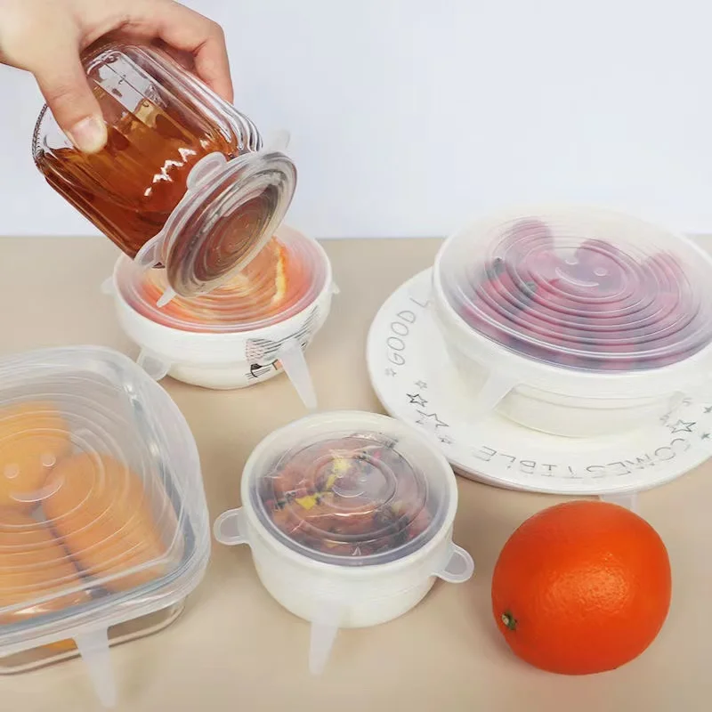 6-pieces set Food Grade Silicone Fresh-keeping Lids Food Sealing Cover Reusable Heat-resistant Lid Kitchen Accessories