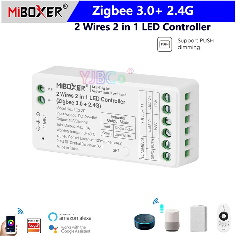Miboxer Zigbee 3.0 + 2.4G 2 Fili 2 In 1 Controller Led Dual White Single Color Dimmer Per 2 Fili Cct Cob Strips Light Dc12 ~ 48V