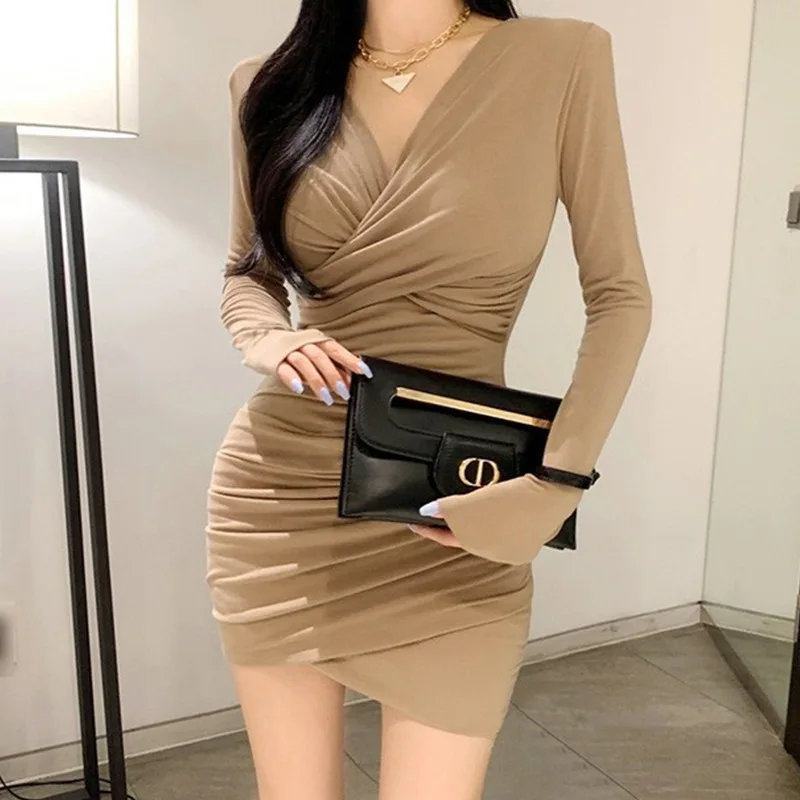 

Fold V-neck Sexy A-line Dress Korean Style Solid Color Dress for Female Nightclub Style Elegant Dress Summer Fashion Dress 2022