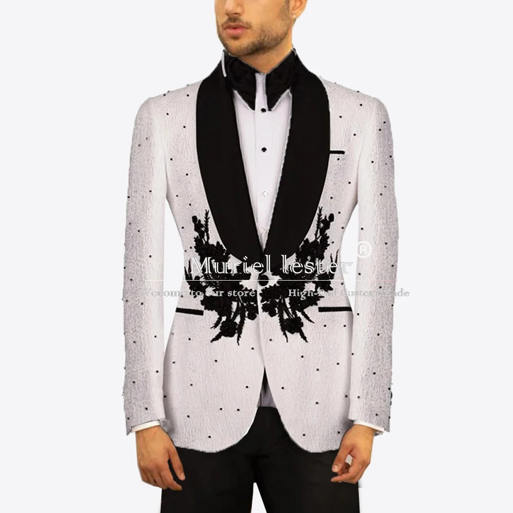 

Luxury Iovry Groom Wedding Suit Black Appliques Pearls Floral Prom Party Tuxedos Tailored Jacket Pants 2 Pcs Business Clothing