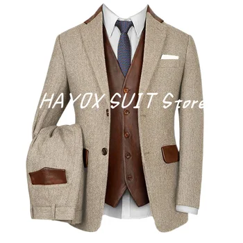 Abiti da uomo Abito monopetto slim fit in tweed beige chiaro retrò Abito a due pezzi Abito casual elegante Giacca da uomo a spina di pesce