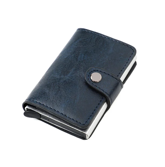 Blocking Vintage Men Credit Card Holder Aluminum Alloy Business ID Card Case Automatic Male Metal Leather Cardholder Wallet 2021 Blue