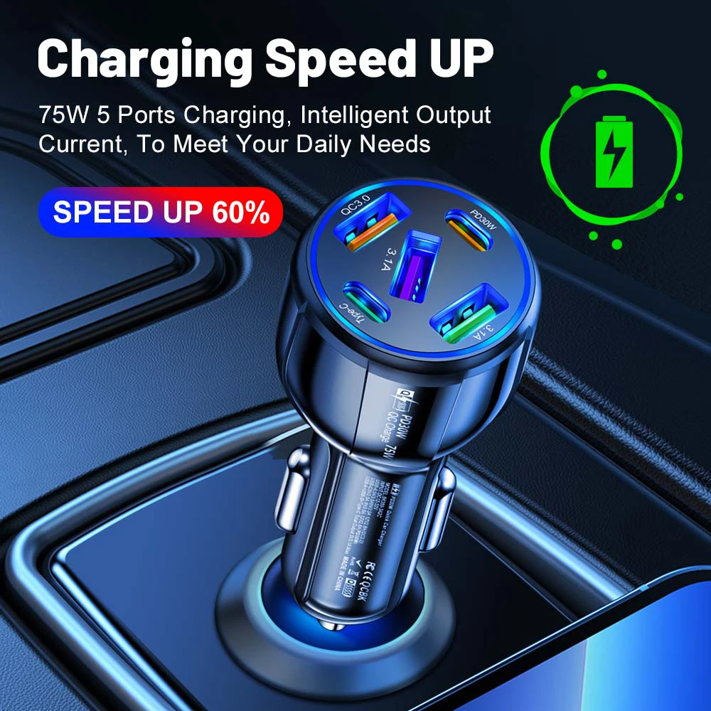 

75W 5-In-1 Car Fast Charger 3.1A Usb Pd Type C Qc3.0 Cigarette Lighter Plug Power Adapter for Iphone15 Xiaomi Huawei Samsung