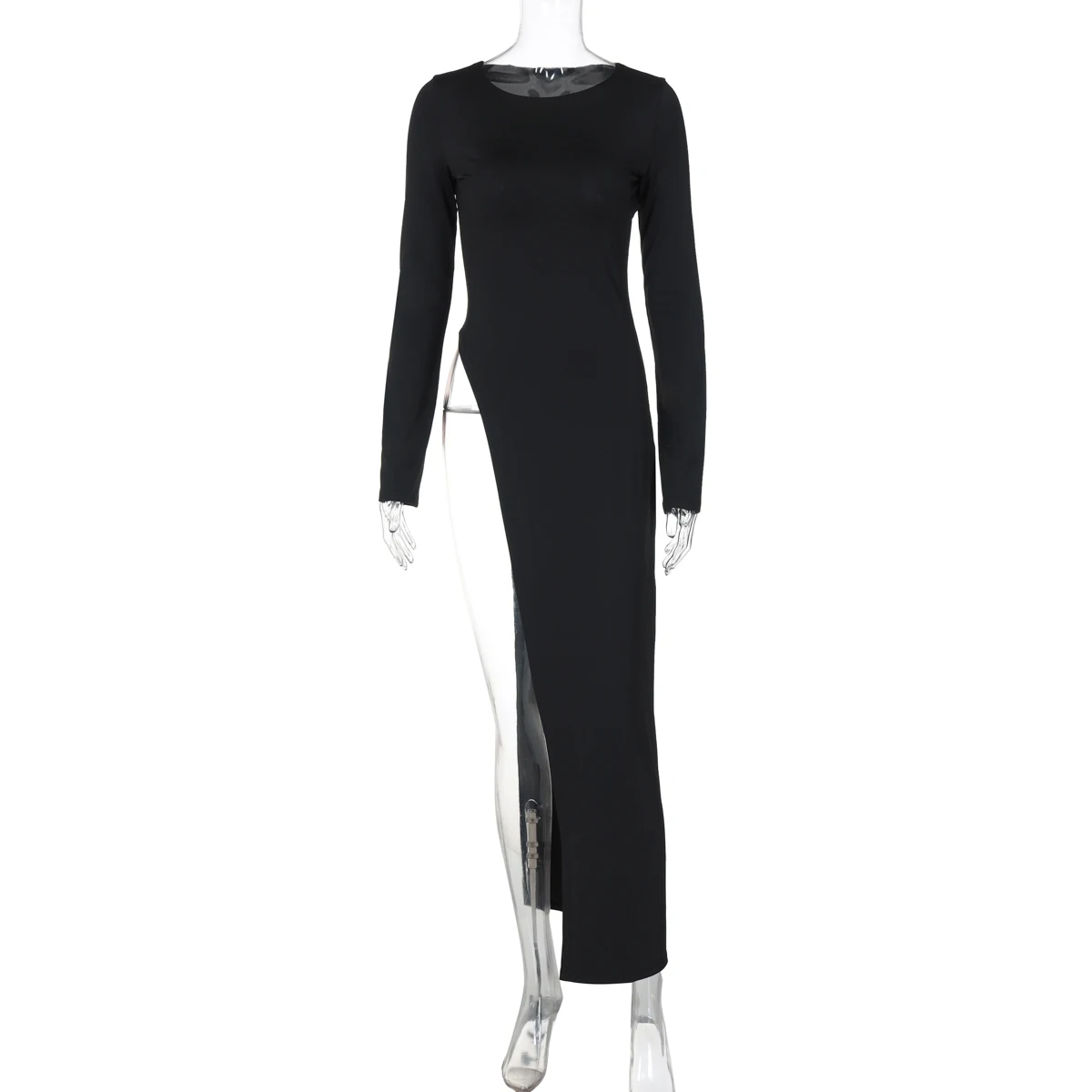 Long Sleeve High Slit Maxi Dress - Solid Sexy Autumn Winter Party Outfit