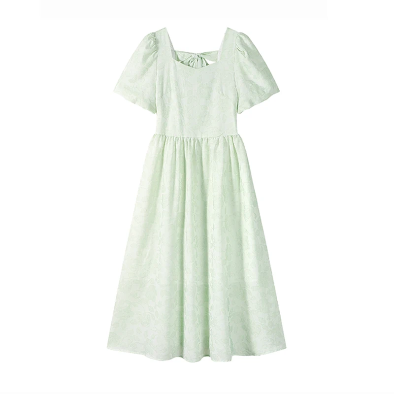 

French Elegant Vintage Green Dress Women Square Collar Puff Sleeve Flower Printed Backless Midi Dress Ladies Retro Chic Korean