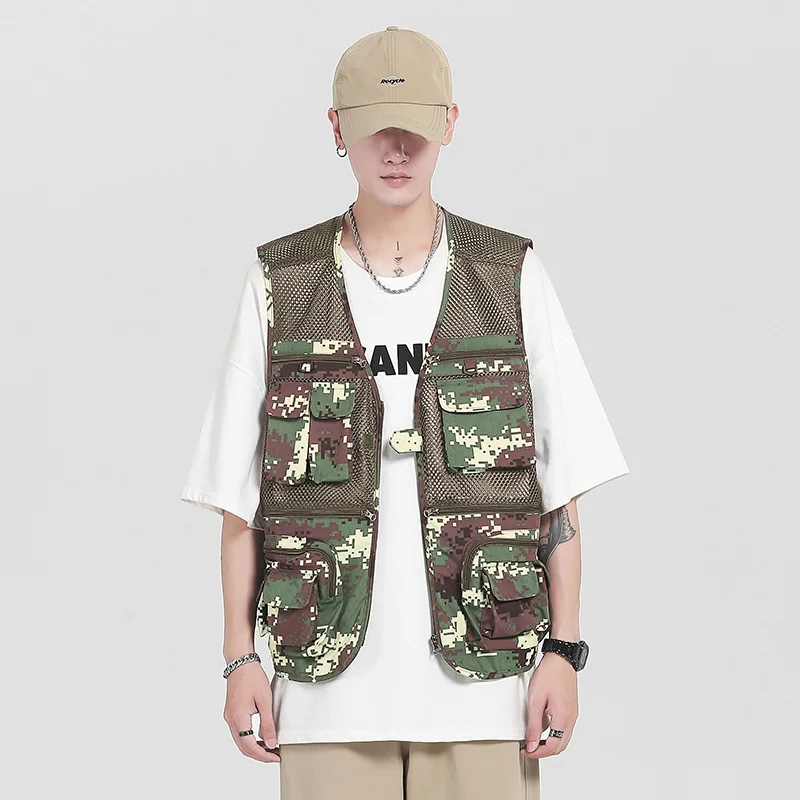 

2022 Men Fashion Thin Vest Men Streetwear Cargo Vest Hip Hop Sleeveless Jacket Gilet Military Multi-Pocket Outdoors Coat L-4Xl