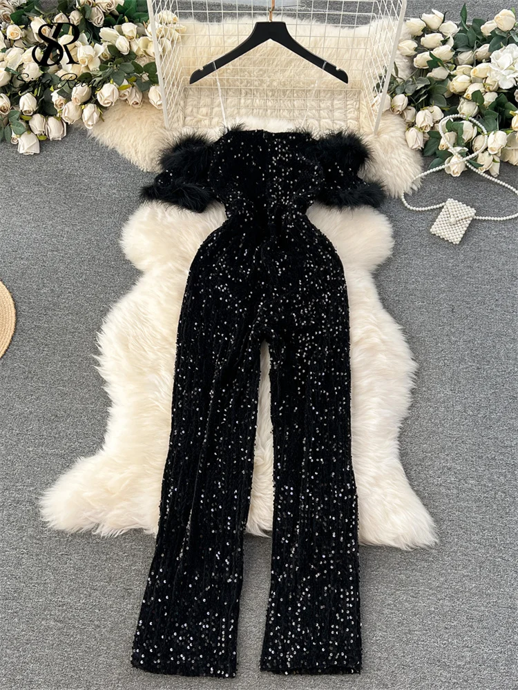 SINGREINY Autumn Elegant Sexy Black Jumpsuits 2023 Europen Fashion Off the Shoulder Feather Patchwork Sequins Slim Long Playsuit 2