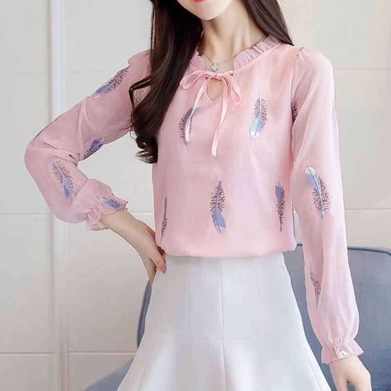 여성용 러플 레이스 업 블라우스, 우아한 셔츠, V넥 긴팔, 루즈한 상의, 용수철 가을, 한국 패션