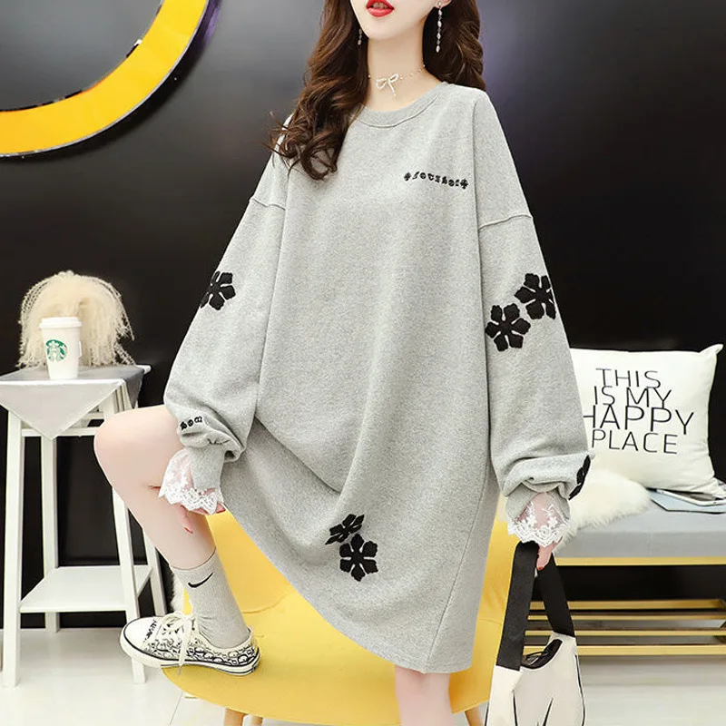 Snowflake Appliques Korean Fashion Elegant Lace Long Sleeve Pullover Tunic Top Female Autumn Casual Oversized Sweatshirt Women 2023 knitted scarf female christmas gift red snowflake deer winter new warm korean embroidered neck shawl