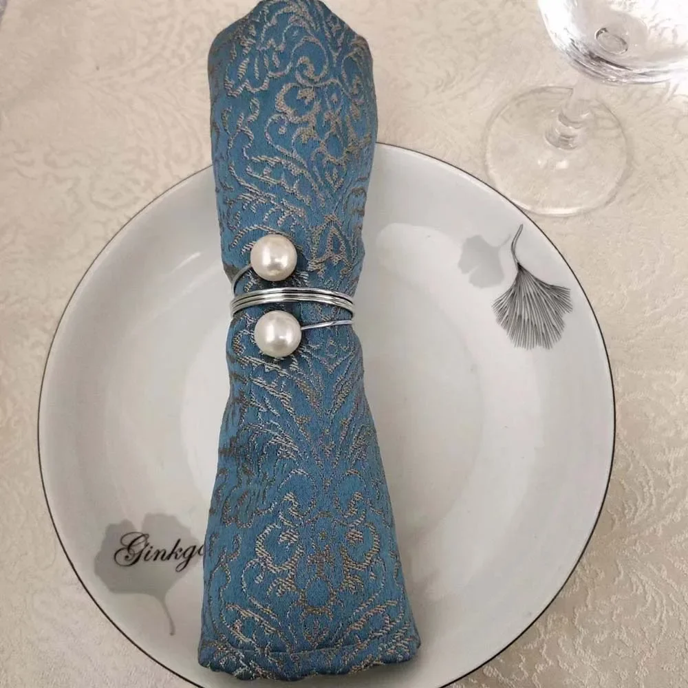 Gold Silver Napkin Rings Metal Pearl Bow Buckles 12PCS for Christmas Wedding Banquet