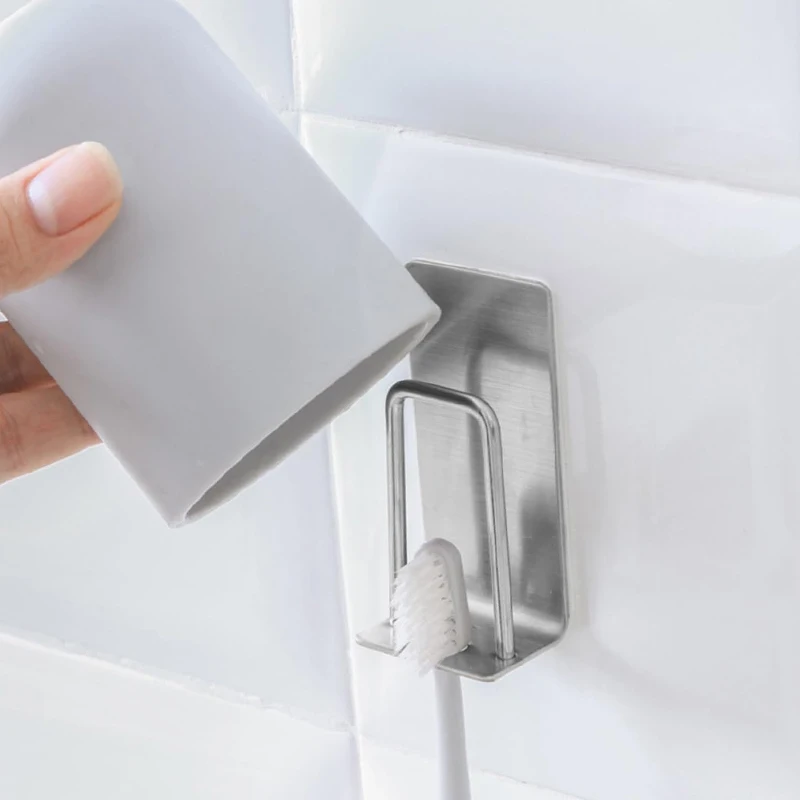 Toothbrush Holder Stainless Steel Toothbrush Holder Wall Mounted Adhesive Toothbrush Cup Holder Space Saving Home Organizer