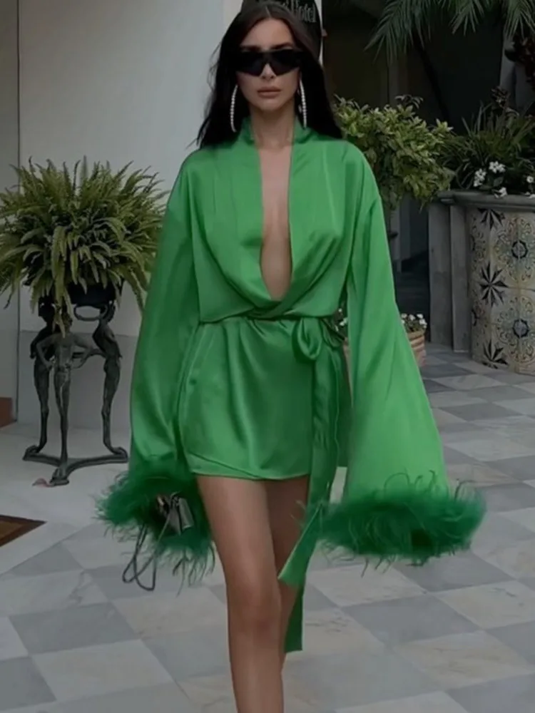 

Sexy Feather Deep V Neck Mini Dress Women Fashion Green Long Sleeve Lace Up Dresses Female Vintage Robe Party Nightclub Vestido