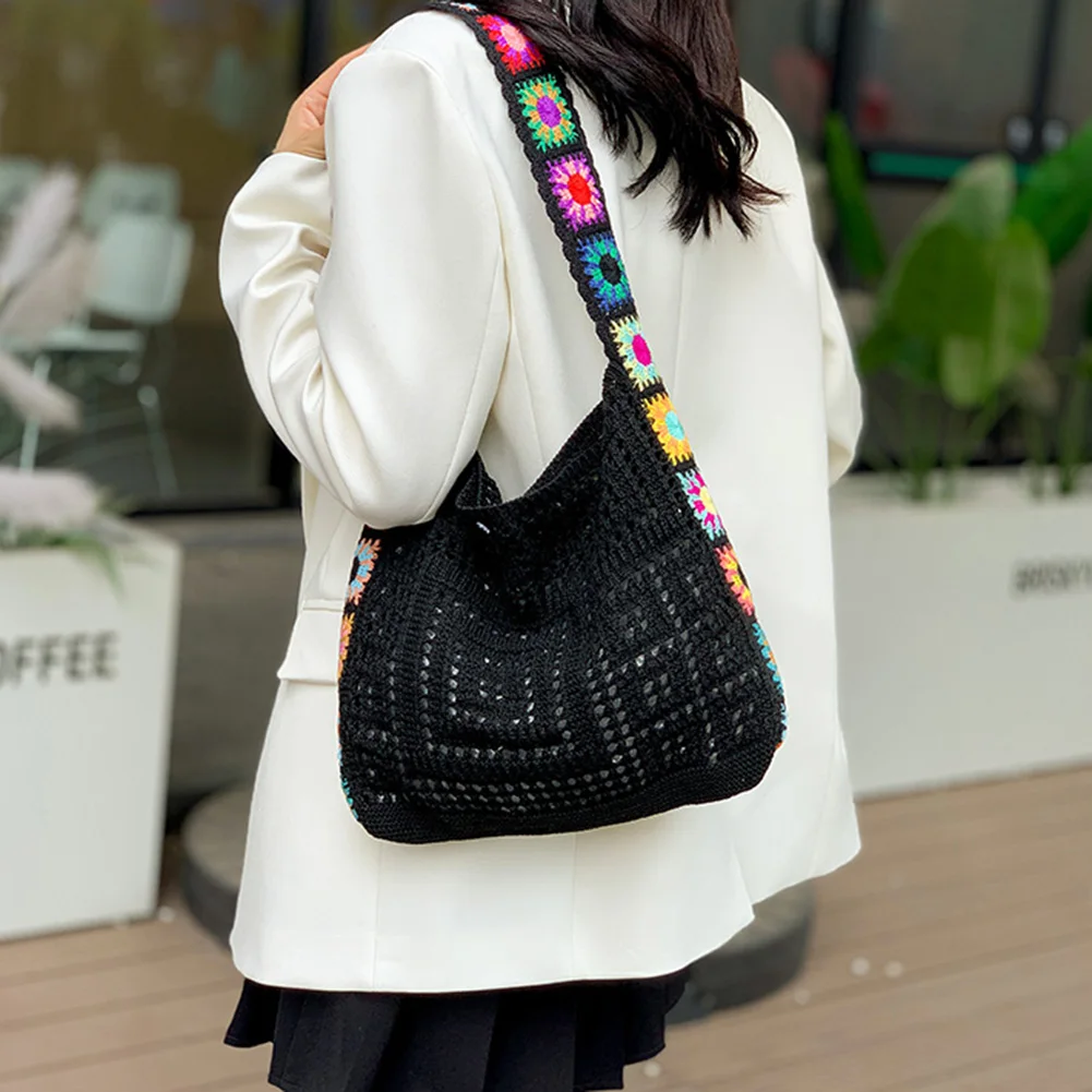 Knitted Shoulder Bag Women Crochet Tote Bag Weaving Crossbody Messenger Bag Female Knit Woven Handbag Purse Bohemian Travel Bag