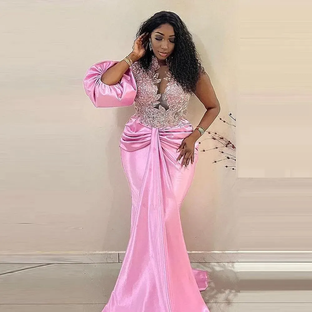 

Pink Aso Ebi Evening Gowns With Lace Appliques Puffy Half Sleeves Mermaid Prom Dress For Women Plus Size Party Dress