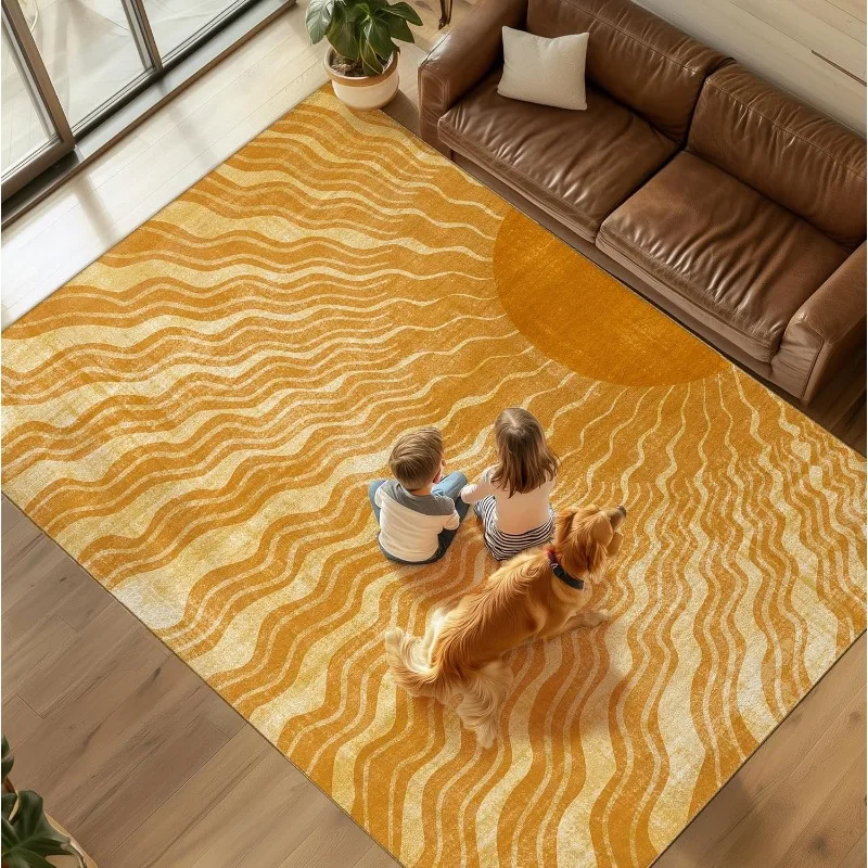Creative High-end Living Room Carpet Large Area Colorful Wave Sun Print Bedroom Rug Soft Machine Washable Coffee Table Mat Tapis