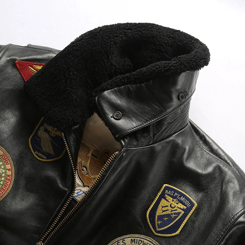 G1 Klassische Vintage Aviator Bomber Jacken Männer Plus Größe Stickerei Outdoor Dicke Echte Schaffell Leder Kleidung – Detail 17