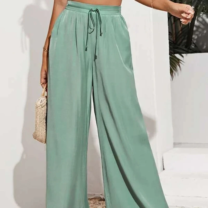 

Summer New Women's High Waist Casual Pants Solid Color Elastic Waist Tie Loose Wide Leg Pants Women Ropa Mujer Juvenil Traf