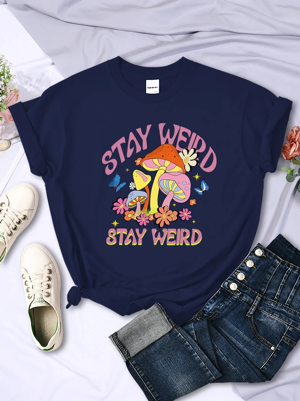 

Short Sleeve Print Clothing Women's T-Shirt Stay Weird Mushroom Flowers Printing Women Breathable Tops Harajuku Sport Clothe